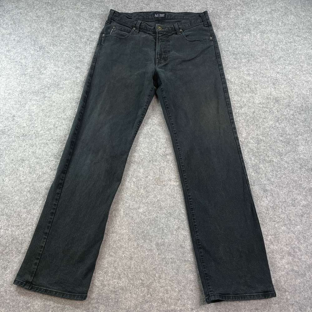 Armani Jeans Mens Straight Leg Jeans 34 Black Faded Denim Button Fly Italy
